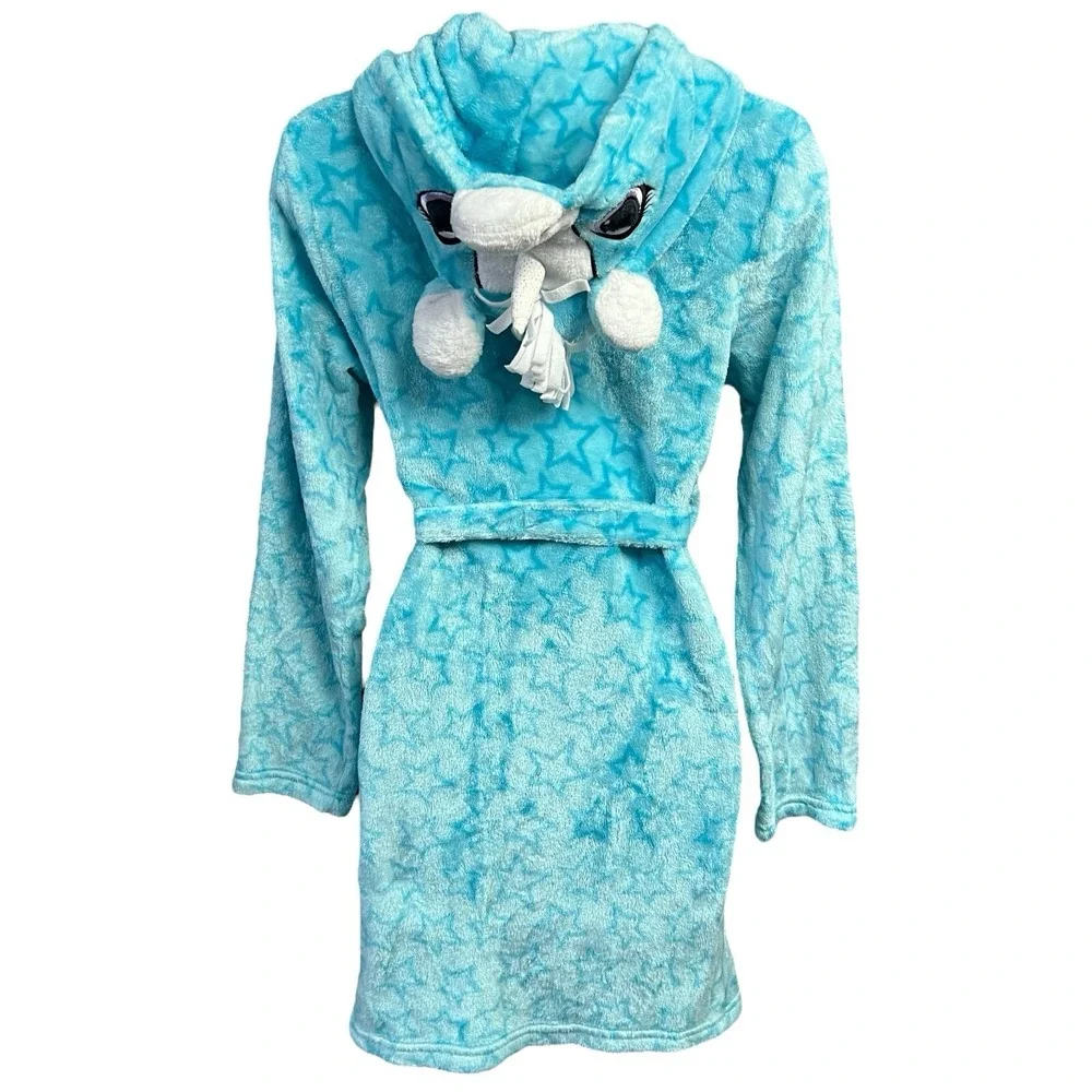 Jellifish Kids Girls XL 14/16‎ Blue Unicorn Hooded Plush Star Bath Robe Cozy